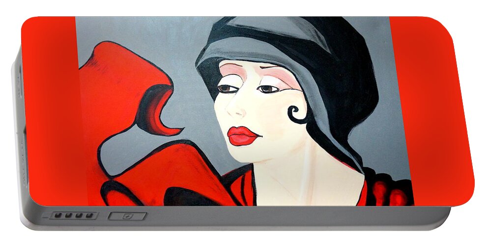 Lady Portable Battery Charger featuring the painting Lady In Red Art Deco by Nora Shepley