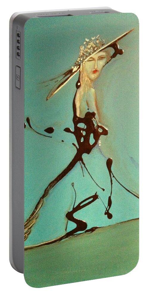 Woman Portable Battery Charger featuring the painting Lady In the Hat by Kicking Bear Productions