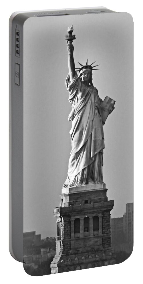 Statue Of Liberty Portable Battery Charger featuring the photograph Lady Liberty Black and White by Kristin Elmquist