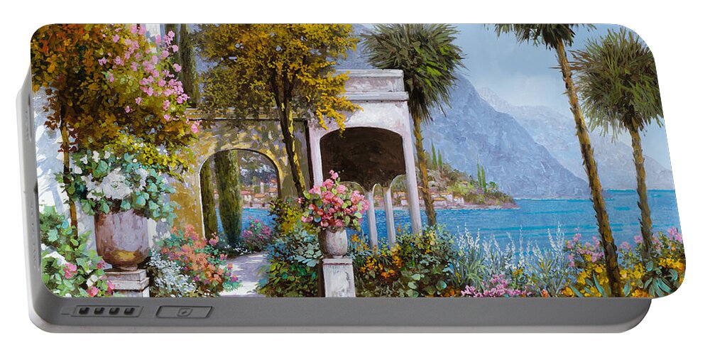 Lake Portable Battery Charger featuring the painting Lake Como-la passeggiata al lago by Guido Borelli