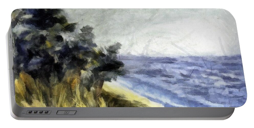 Nature Portable Battery Charger featuring the painting Lake from the Dunes by Michelle Calkins