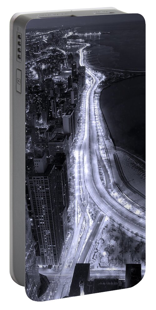 Beach Portable Battery Charger featuring the photograph Lake Shore Drive Aerial B and W by Steve Gadomski