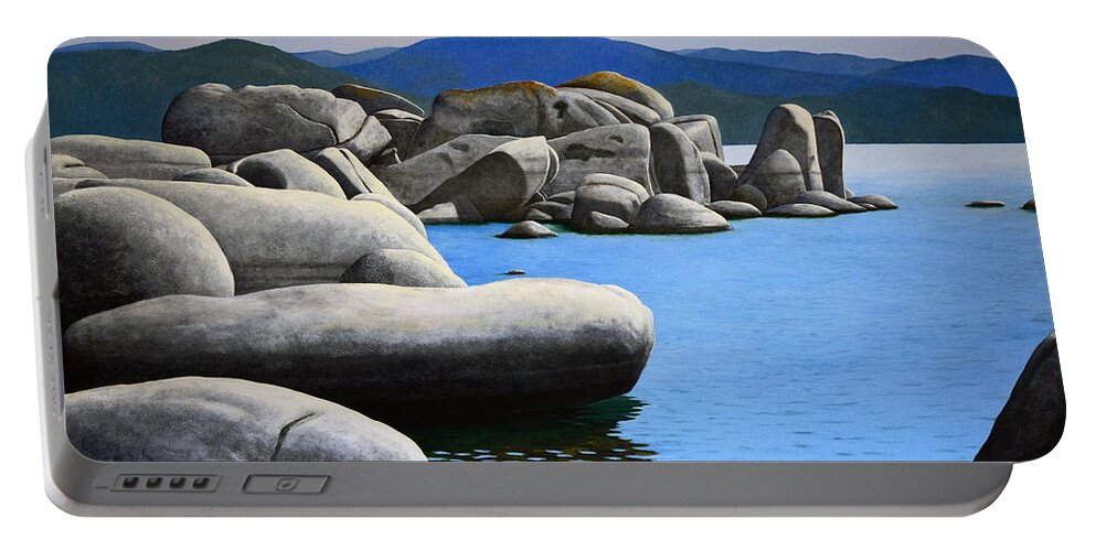 Lake Tahoe Rocky Cove Portable Battery Charger featuring the painting Lake Tahoe Rocky Cove by Frank Wilson
