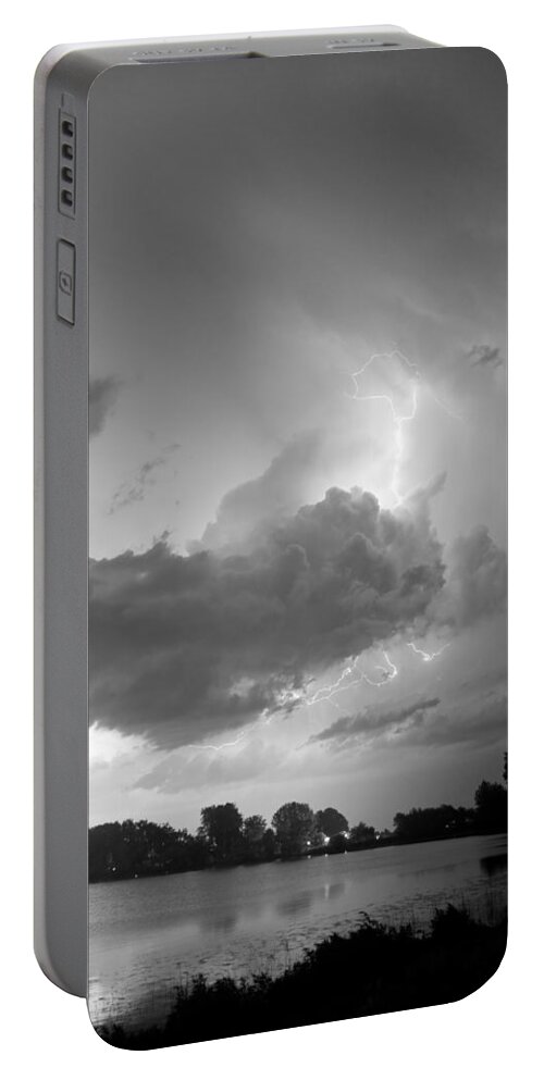 Lightning Portable Battery Charger featuring the photograph Lake Thunder Cell Lightning Burst BW by James BO Insogna