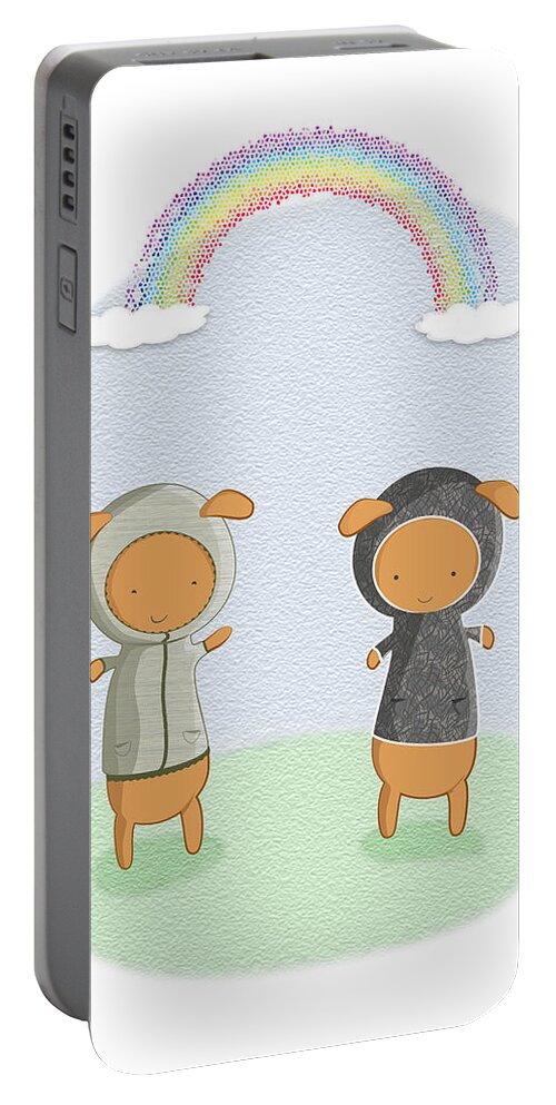 Cute Portable Battery Charger featuring the digital art Lamb Carrots Cute Friends Under a Rainbow Illustration by Lenny Carter