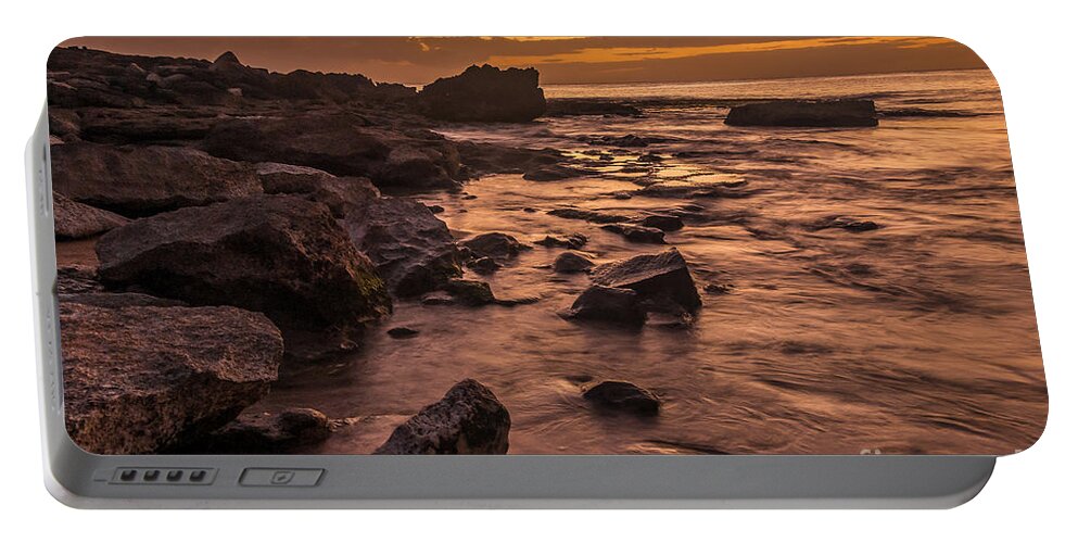 Lanai Portable Battery Charger featuring the photograph Lanai rocky beach sunset by Paul Quinn