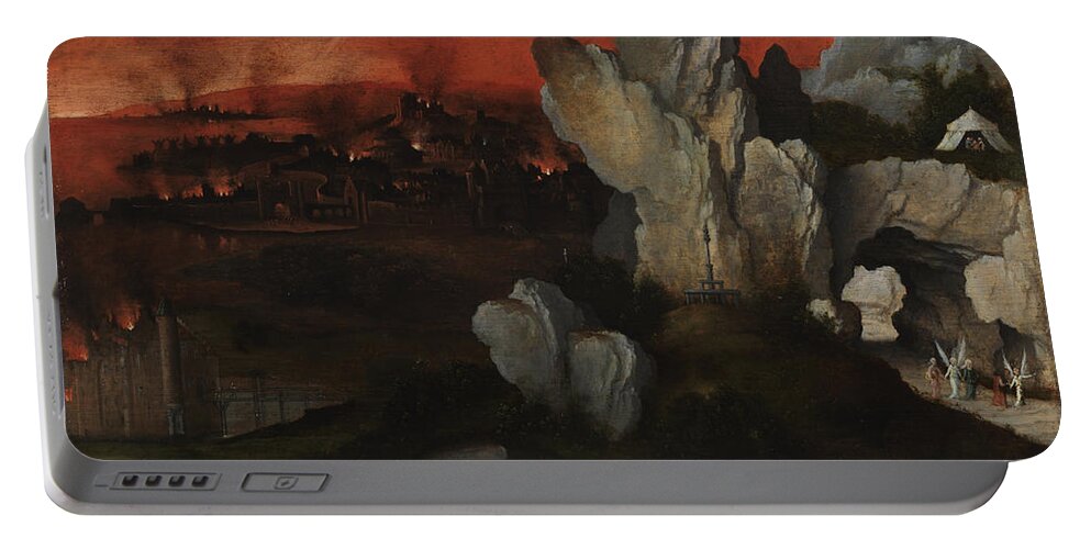Joachim Patinir Portable Battery Charger featuring the painting Landscape with the Destruction of Sodom and Gomorrah by Joachim Patinir