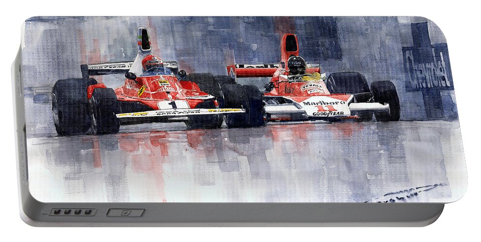 Watercolor Portable Battery Charger featuring the painting Lauda vs Hunt Brazilian GP 1976 by Yuriy Shevchuk