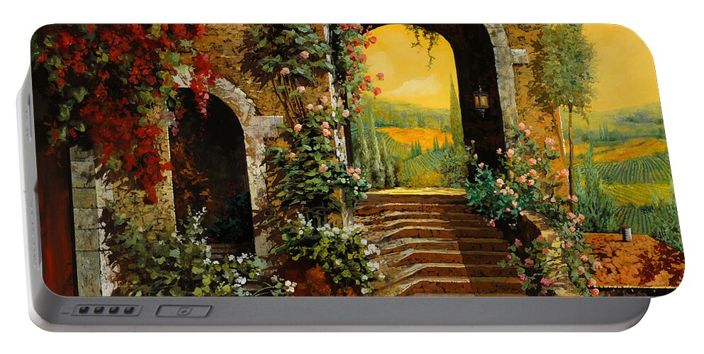 Archlandscapeguido Borelliorange Skytuscanywinevineyardfinr Artoilcanvasyellow Skymade In Italy Portable Battery Charger featuring the painting Le Scale E Il Cielo Giallo by Guido Borelli