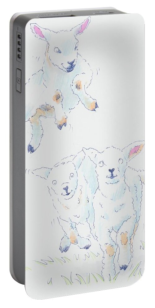 Lambs Portable Battery Charger featuring the drawing Leaping Lamb Cartoon by Mike Jory