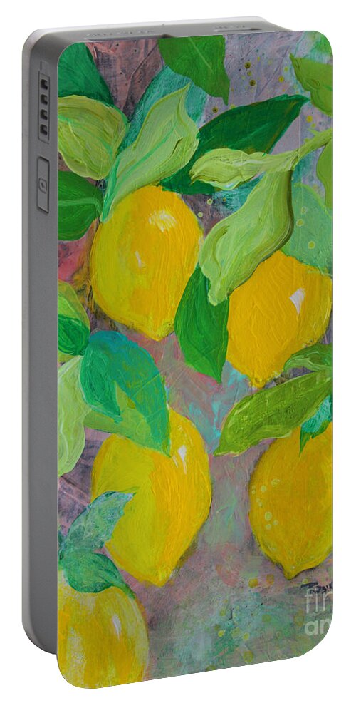 Lemons Portable Battery Charger featuring the painting Lemons on Lemon Tree by Robin Pedrero
