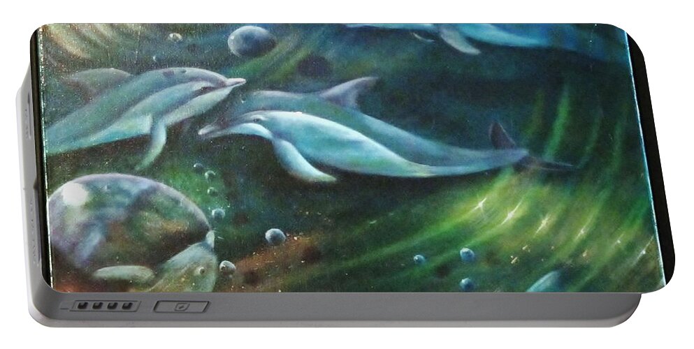 Dolphins Portable Battery Charger featuring the painting Let's Play by Sherry Strong