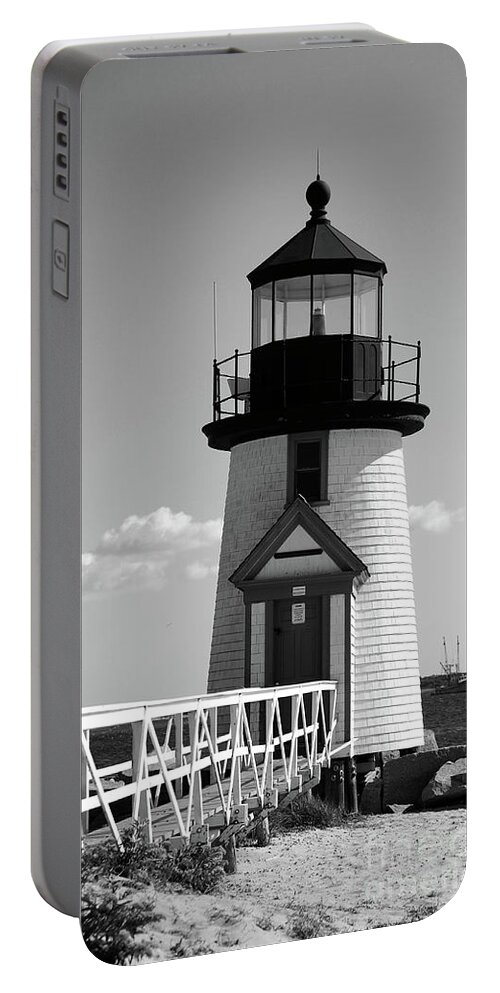 Lighthouse Portable Battery Charger featuring the photograph Lighthouse on Nantucket BW by Lori Tambakis