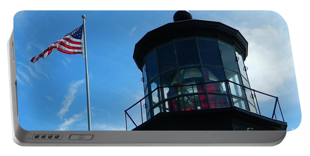 Flag Portable Battery Charger featuring the photograph Lighthouse with Flag by Gallery Of Hope 