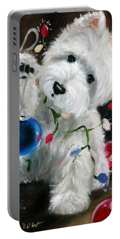 Westie Portable Battery Charger featuring the painting Lights and Balls by Mary Sparrow