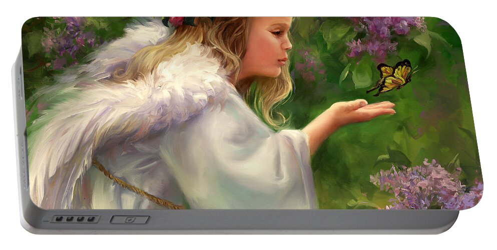 Angel Portable Battery Charger featuring the painting Lilac Angel by Laurie Snow Hein