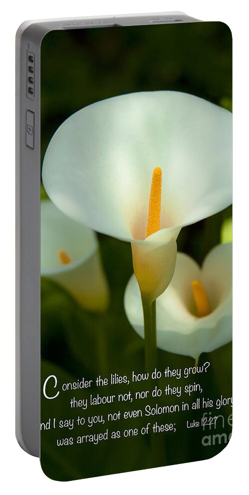 Lilly Flower Photographs Portable Battery Charger featuring the photograph Lilies How They Grow Bible Verse Photography Prints And Greeting Cards by Jerry Cowart