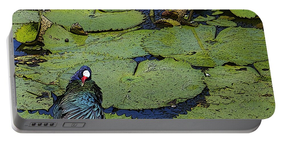 #lily #exoticbird #puntacana #dominicanrepublic #nature Portable Battery Charger featuring the digital art Lily Pad with Bird2 by Jacquelinemari