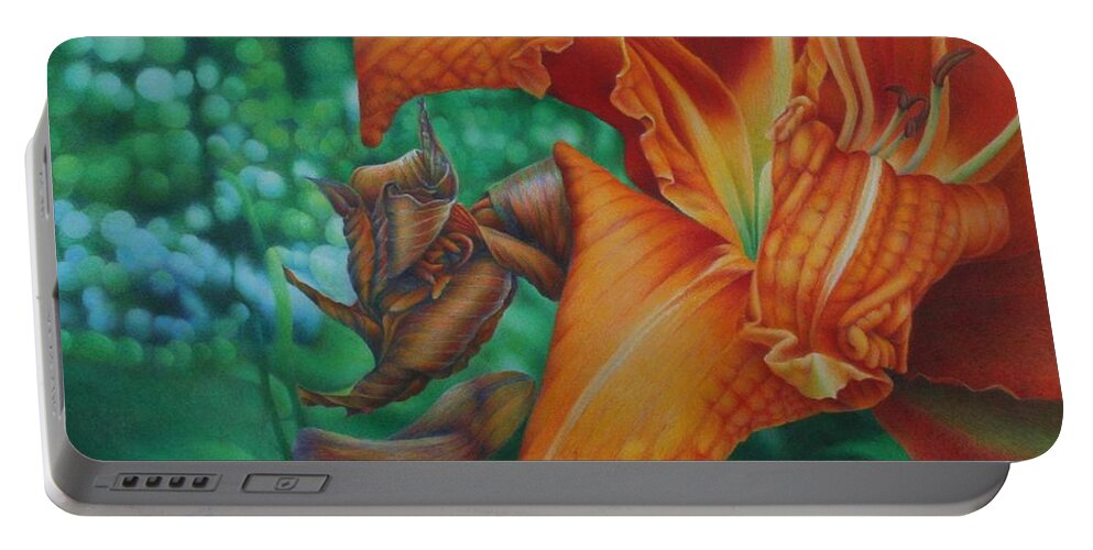Orange Portable Battery Charger featuring the drawing Lily's Evening by Pamela Clements