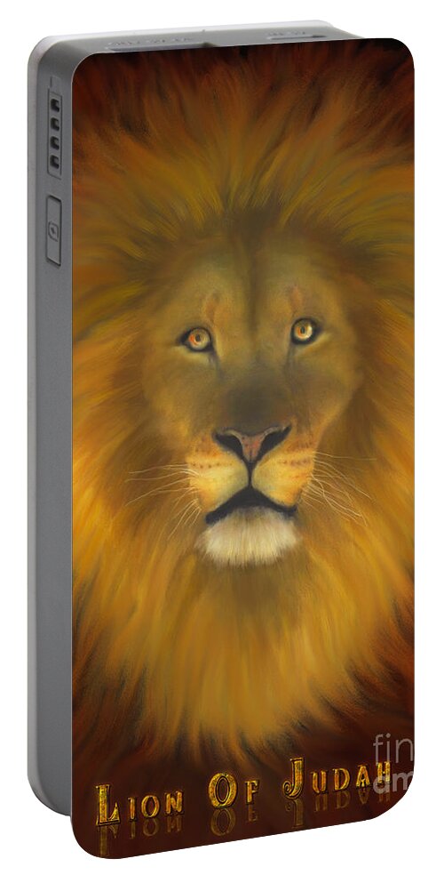 Lion Print Portable Battery Charger featuring the painting Lion of Judah Fire In His Eyes 2 by Constance Woods