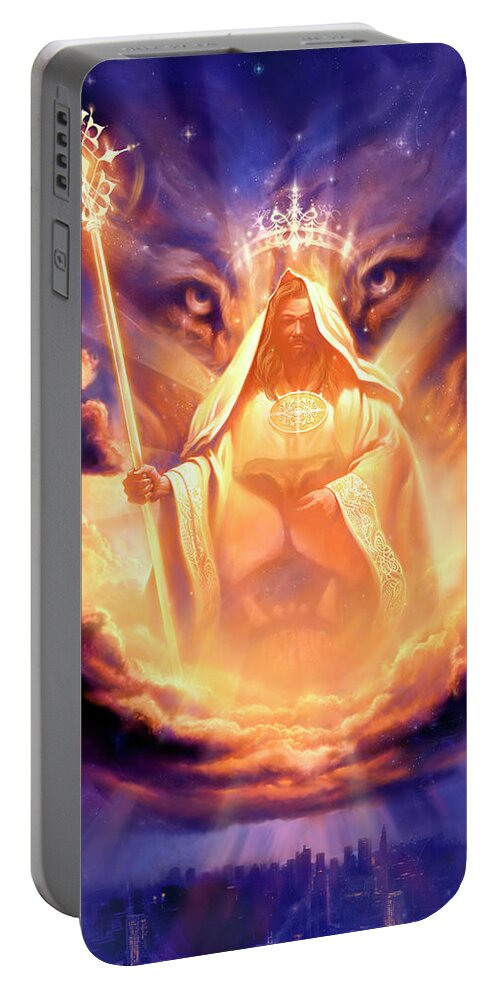Jeff Haynie Portable Battery Charger featuring the painting Lion of Judah by Jeff Haynie