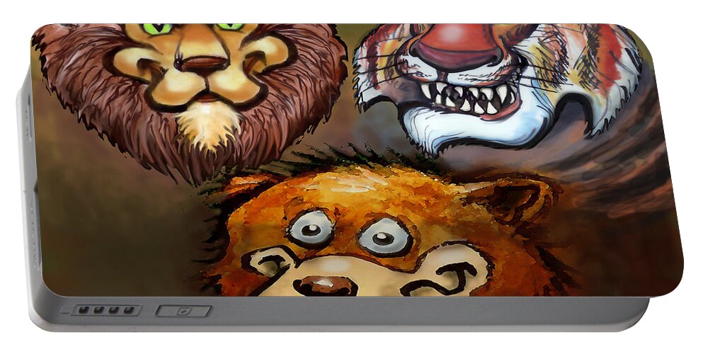 Lion Portable Battery Charger featuring the painting Lions and Tigers and Bears Oh My by Kevin Middleton