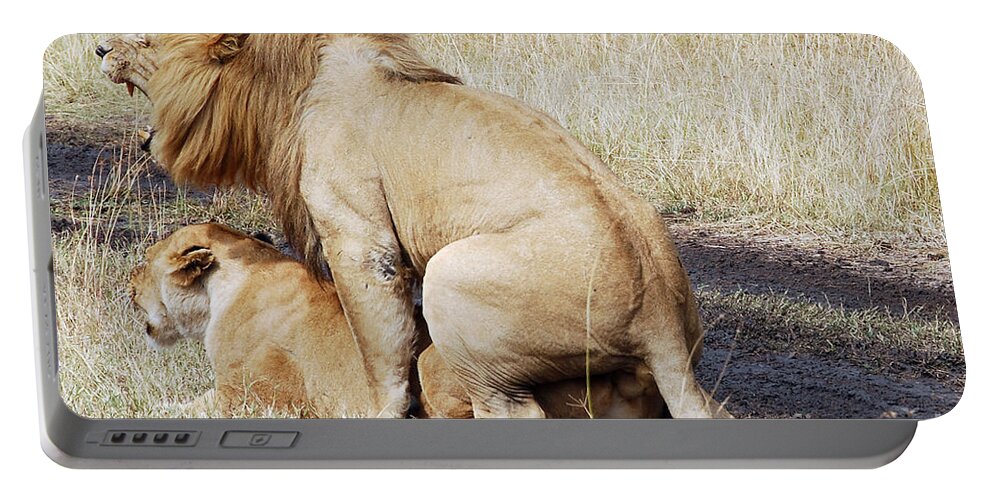 Lion Portable Battery Charger featuring the digital art Lions Mating by Pravine Chester