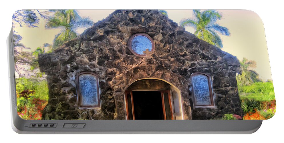 Lava Rock Portable Battery Charger featuring the painting Little Lava Rock Church Kauai by Dominic Piperata