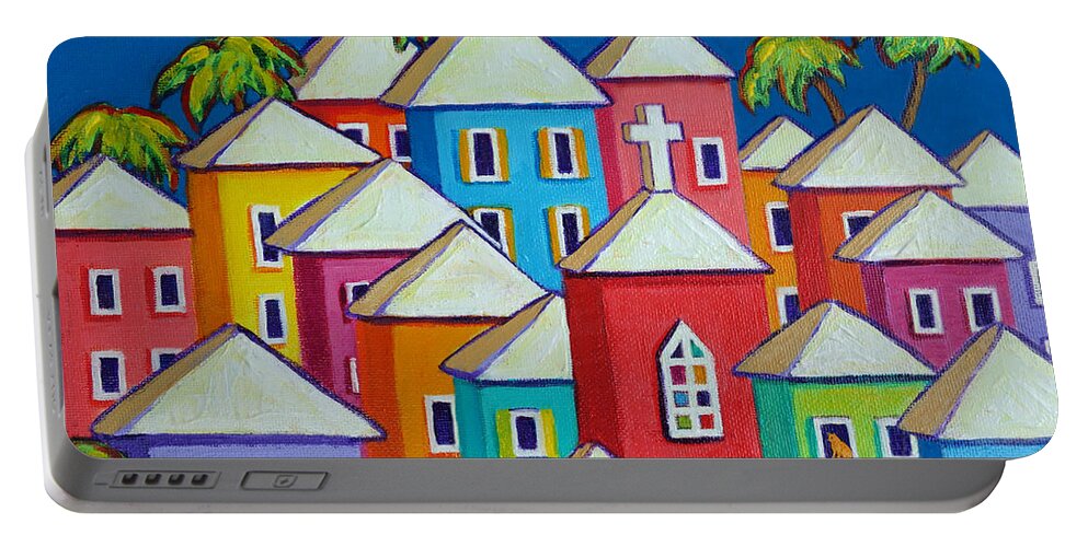 Colorful Houses Portable Battery Charger featuring the painting Colorful Houses Tropical Caribbean - Little Village by Rebecca Korpita