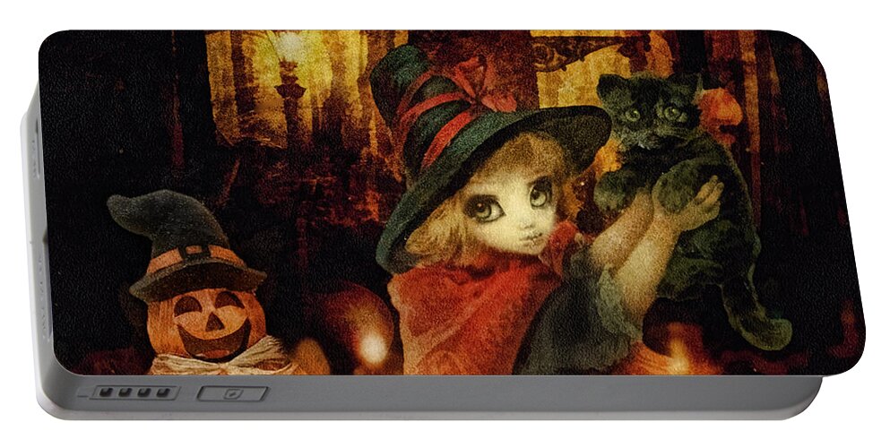 Little Witch Black Cat And Pumpkin Portable Battery Charger featuring the painting Little Witch Black Cat and Pumpkin by Mo T