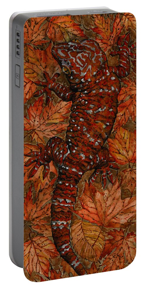 Lizard Portable Battery Charger featuring the painting LIZARD in RED NATURE - Elena Yakubovich by Elena Daniel Yakubovich