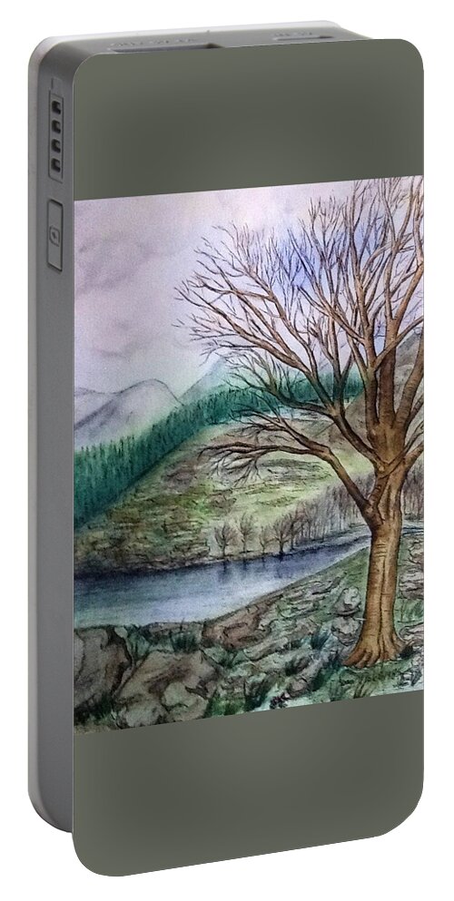 Loch Ard Portable Battery Charger featuring the painting Loch Ard Stirling overlooking Loch a'Ghleannain by Joan-Violet Stretch