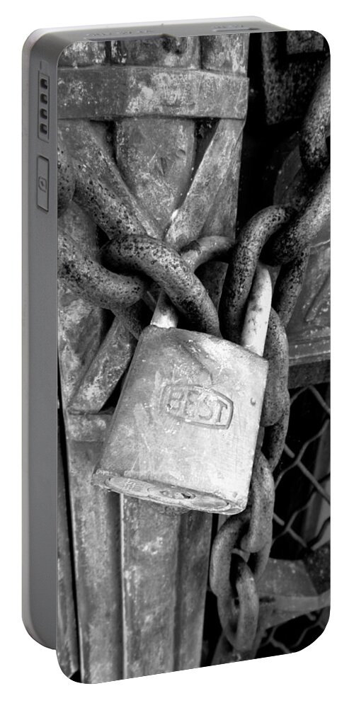 Skompski Portable Battery Charger featuring the photograph Locked - Black and White by Joseph Skompski