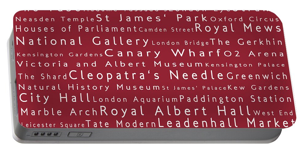 Cities Portable Battery Charger featuring the photograph London in Words Red by Sabine Jacobs