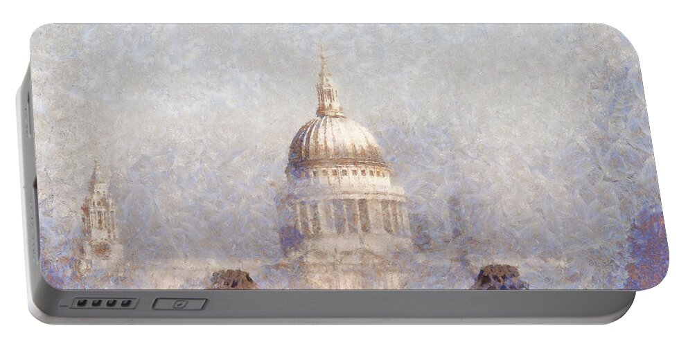 London Portable Battery Charger featuring the painting London St Pauls in the fog by Pixel Chimp