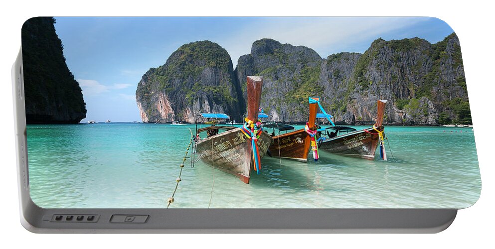 Thailand Portable Battery Charger featuring the photograph Long tail boats on Maya bay beach - Ko phi phi - Thailand by Matteo Colombo
