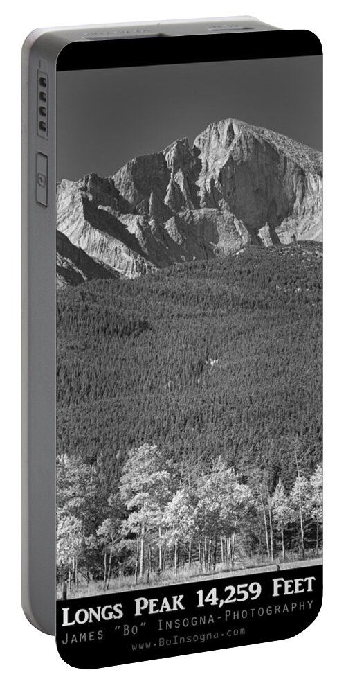 Colorado Portable Battery Charger featuring the photograph Longs Peak 14259 Ft Black and White Poster by James BO Insogna