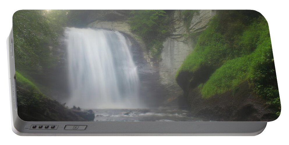 Waterfall Portable Battery Charger featuring the photograph Looking Glass Falls North Carolina Morning Mist by John Burk