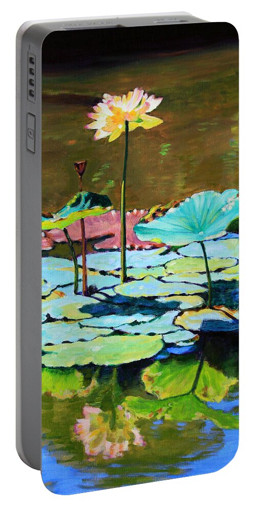 Lotus Portable Battery Charger featuring the painting Lotus Above the Lily Pads by John Lautermilch