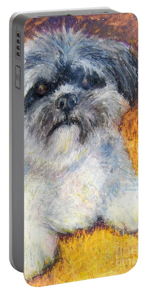 Lhasa Apso Portable Battery Charger featuring the painting Love My Lhasa by Laurie Morgan
