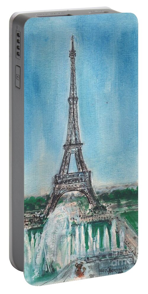 Eiffel Tower Portable Battery Charger featuring the painting Love of the Eiffel by Mary Armstrong