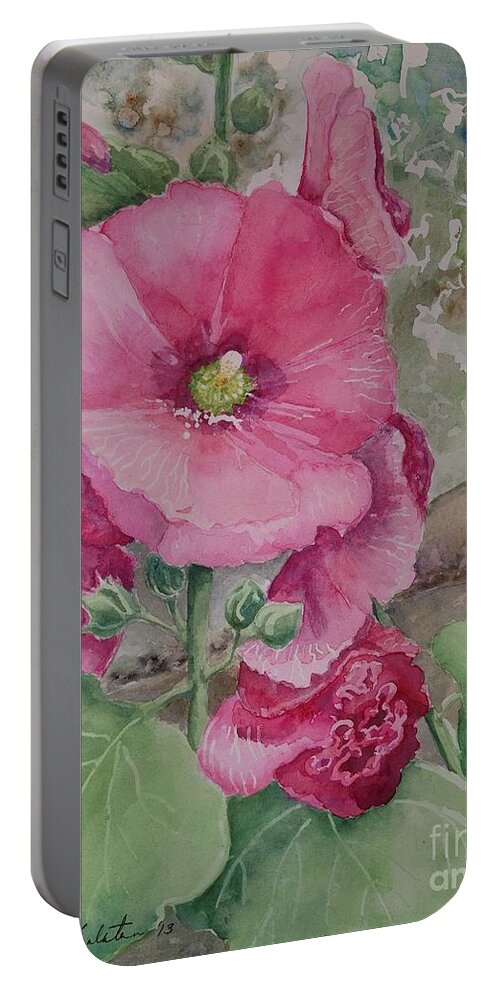 Hollyhocks Portable Battery Charger featuring the painting Lovely Hollies by Marilyn Zalatan