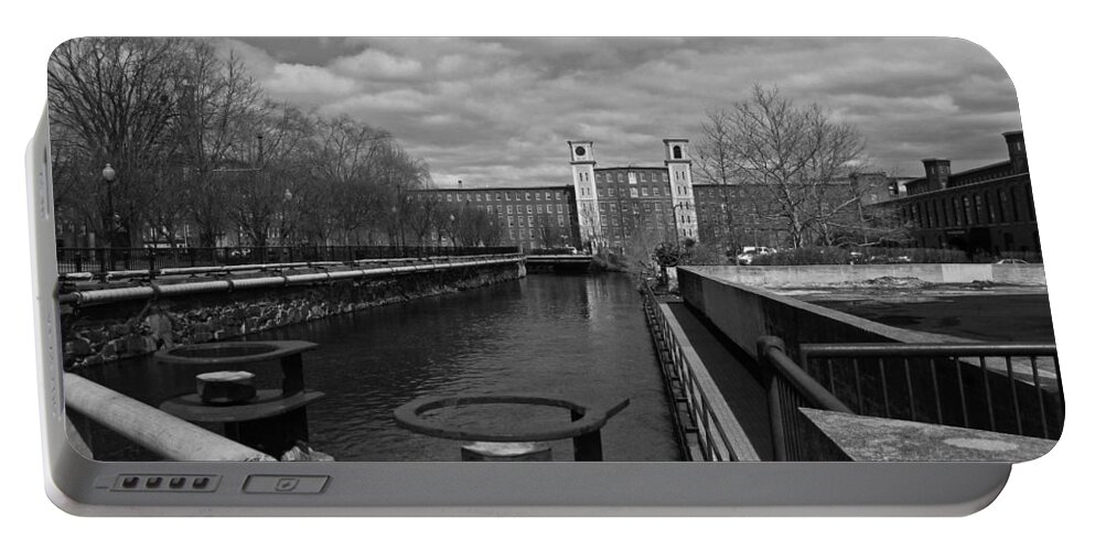 Architecture Portable Battery Charger featuring the photograph Lowell MA Architecture BW by Michael Saunders