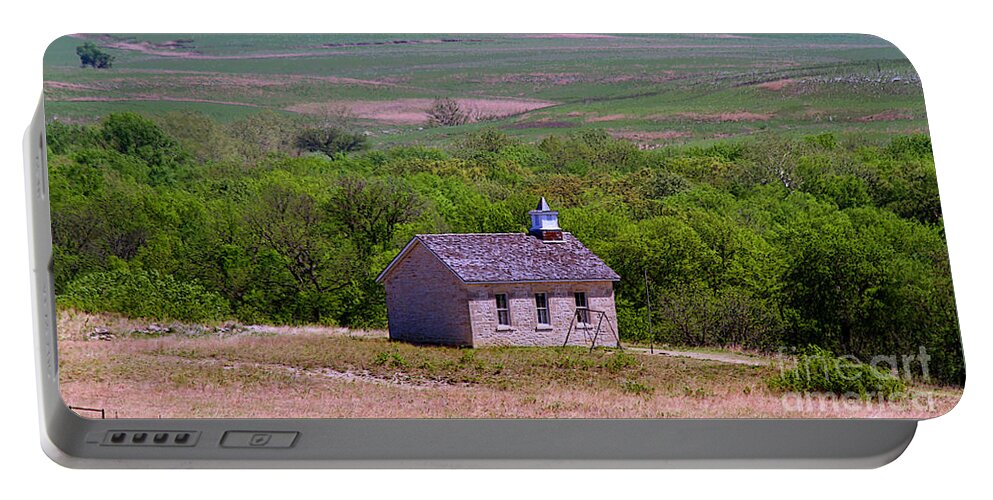 Tallgrass Prairie National Preserve Portable Battery Charger featuring the photograph Lower Fox Creek Schoolhouse in the Flint Hills of Kansas by Catherine Sherman