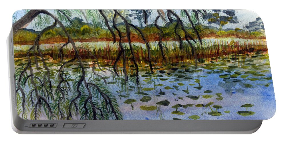 Blue Portable Battery Charger featuring the painting Loxahatchee Water Lily Pond by Donna Walsh