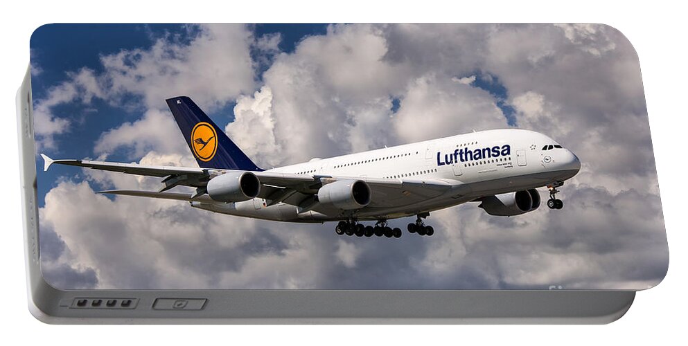 Airbus A380 Portable Battery Charger featuring the photograph Lufthansa A380 Hamburg by Rene Triay FineArt Photos