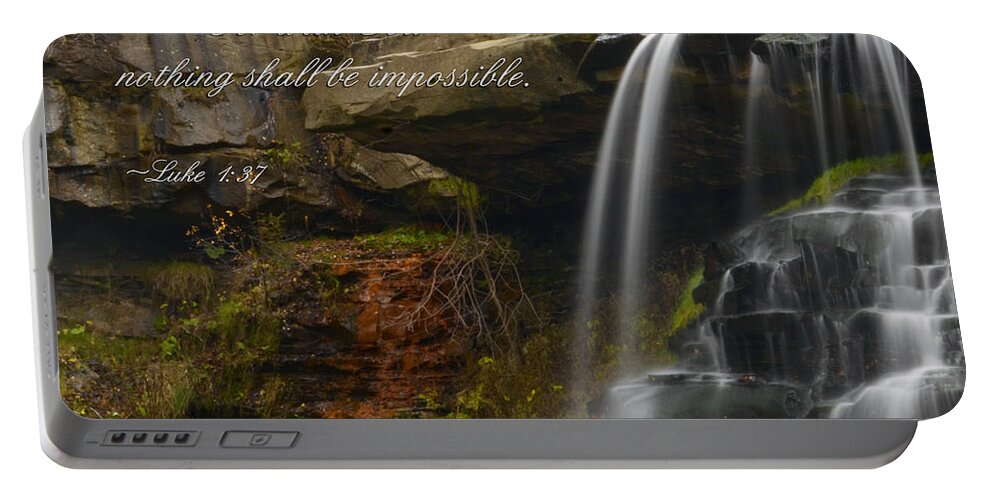 Luke 1:37 Portable Battery Charger featuring the photograph Luke Scripture Waterfall by Ann Bridges