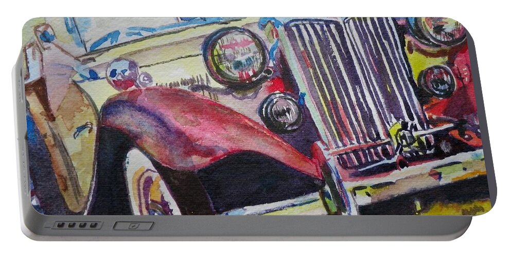 Transportation Portable Battery Charger featuring the painting M G Car by Anna Ruzsan