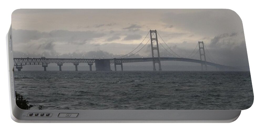 Michigan Portable Battery Charger featuring the photograph Mackinac Bridge in the Rain by Keith Stokes