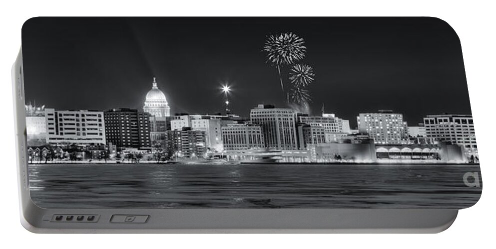 Capitol Portable Battery Charger featuring the photograph Madison - Wisconsin - New Years Eve Panorama Black and White by Steven Ralser